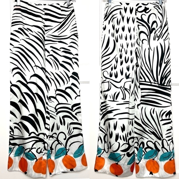 STAUD Satin Abstract Stripe Citrus Print High Rise Ankle Crop Oscar Trousers 2 - Picture 3 of 9